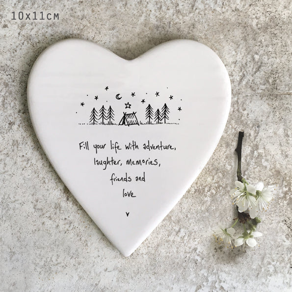 Fill your life with adventure, heart shaped ceramic coaster by East of India