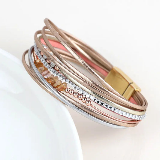 Rose gold, silver, pink mix multistrand and bead bracelet