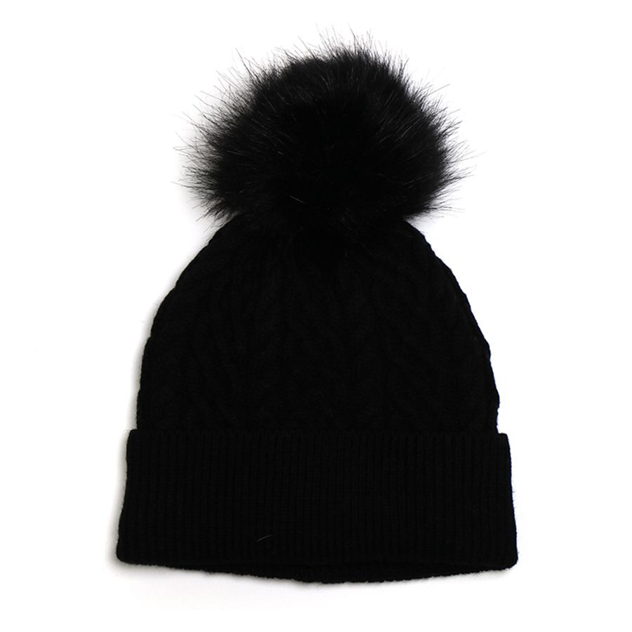 Black cable twist knit and faux fur bobble hat