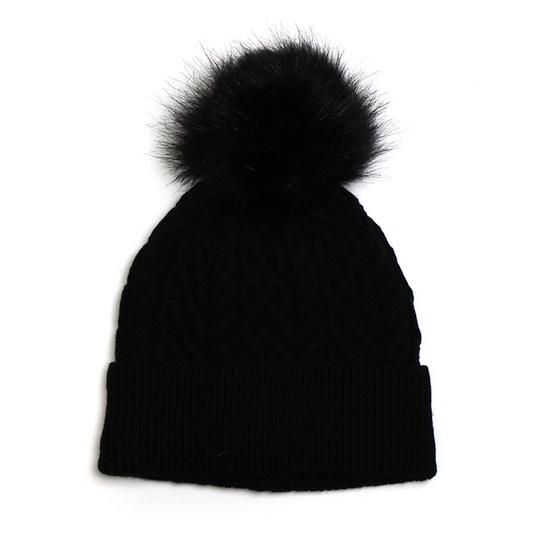 Black cable twist knit and faux fur bobble hat
