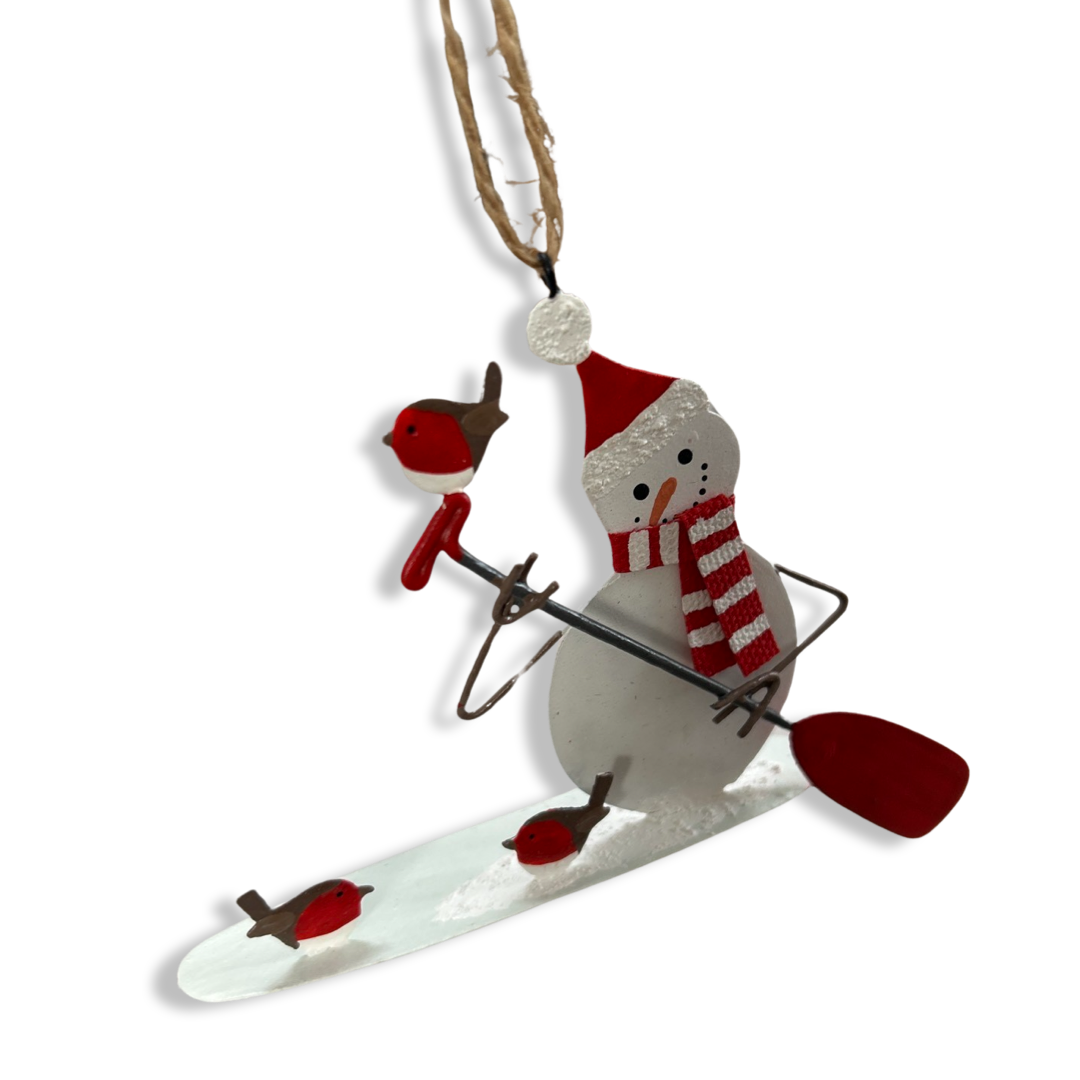 Paddle boarding snowman Christmas tree decoration