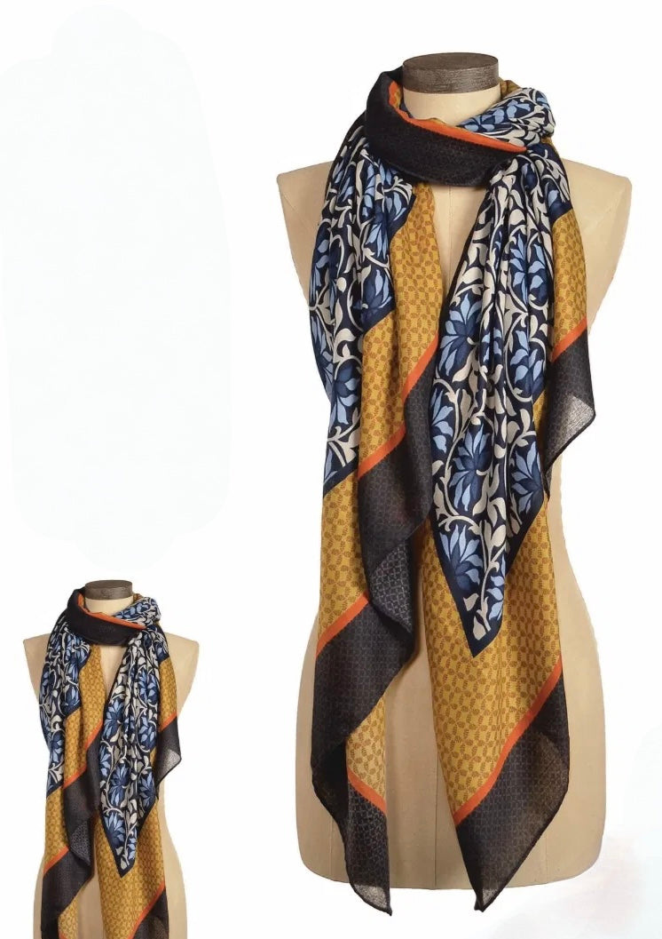 Ode to William Morris scarf - Navy/Mustard/Satsuma
