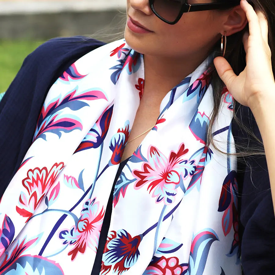 Silky blue and red paisley floral print recycled yarn scarf