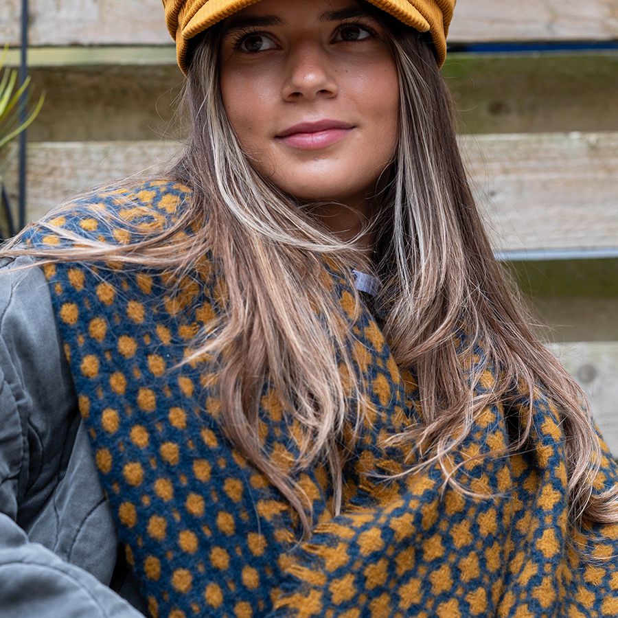 Navy and mustard mix retro tile weave scarf