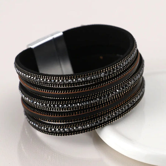 Black and bronze multi layer leather crystal cuff