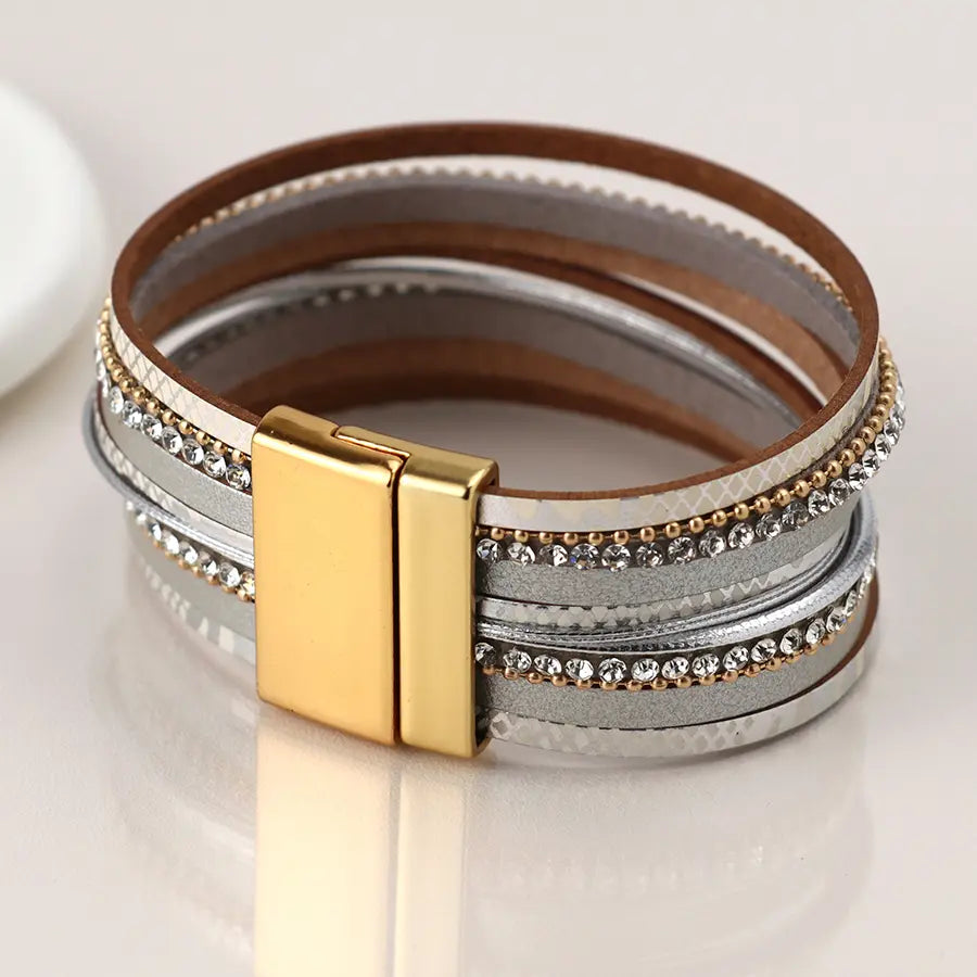 Grey leather, old and crystal multistrand bracelet