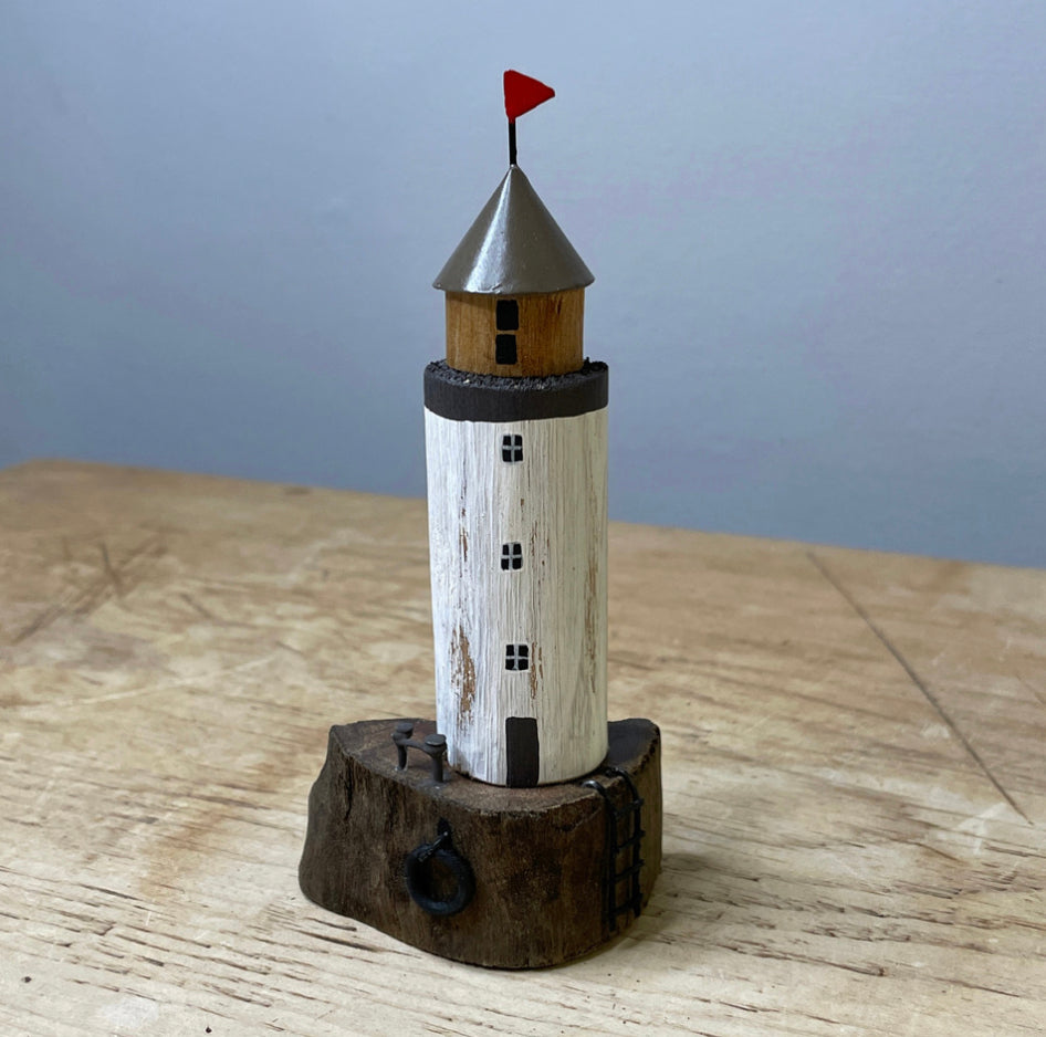 Wooden lighthouse ornament - grey & white or blue stripe.  By Shoeless Joe