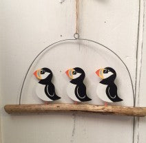 3 puffins in sunglasses on driftwood hanging decoration by Shoeless Joe