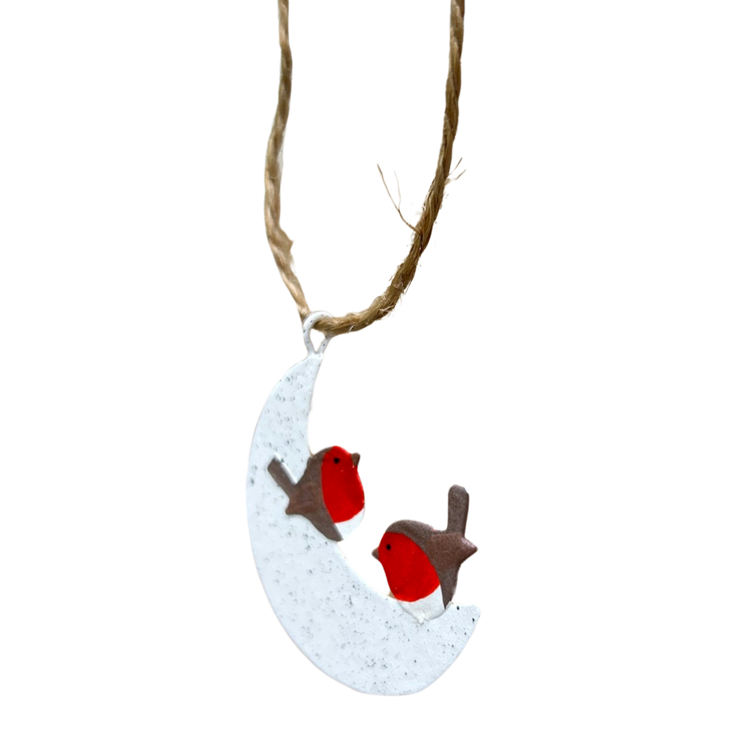 Two robins on the moon Christmas tree decoration