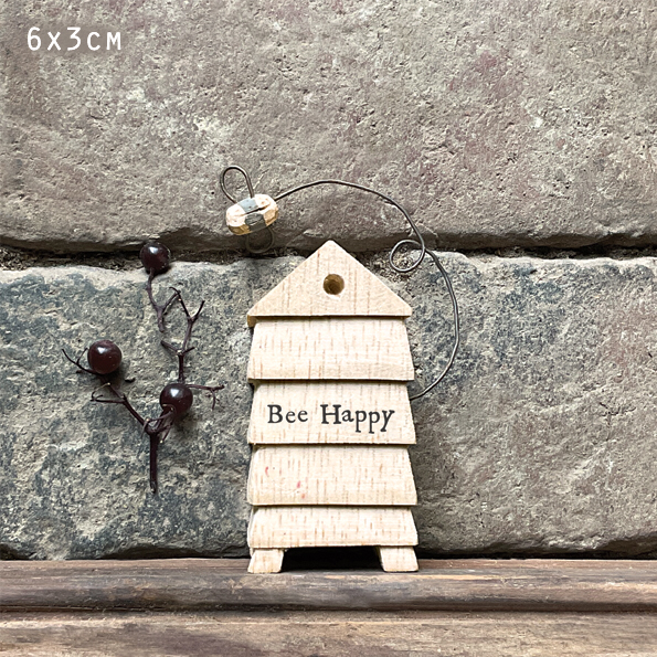 Bee happy beehive wooden ornament