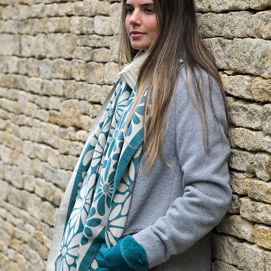 Dusky teal retro daisy jacquard scarf