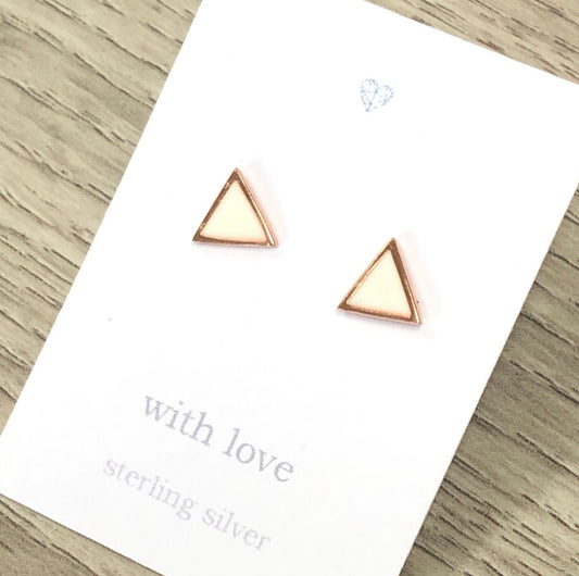Rose gold and white enamel triangle stud earrings. Geometric design stud earrings.