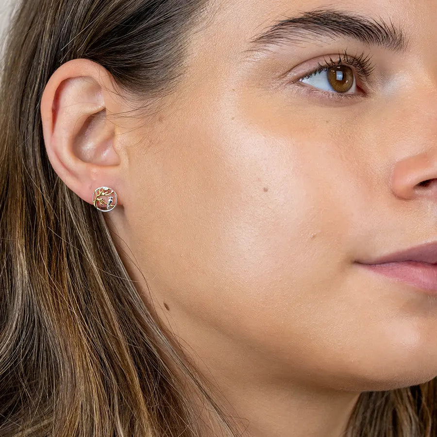 Sterling silver bird and gold tree circle earrings