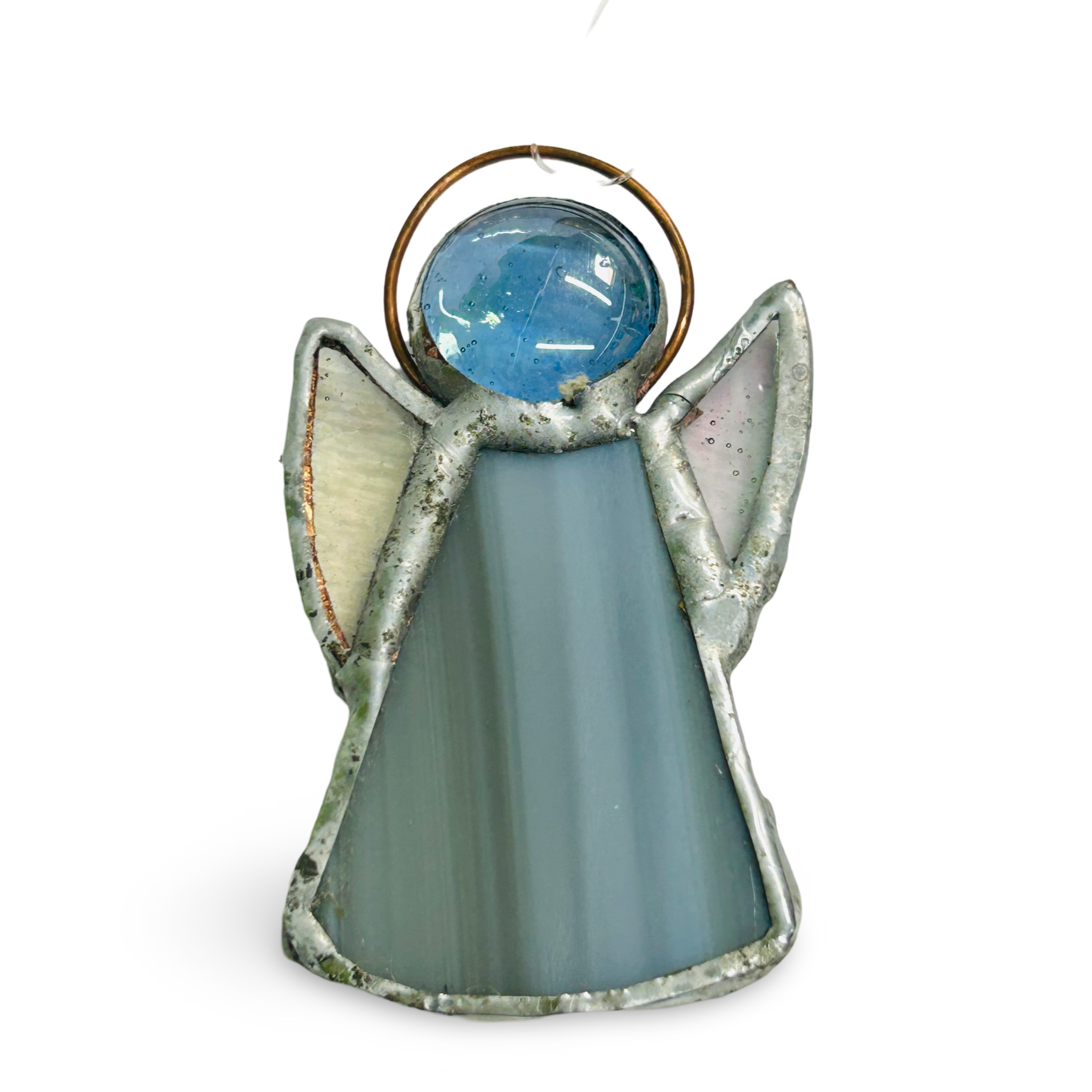 Perc's stained glass guardian angel in grey. Hanging angel decoration hand made in Norfolk.