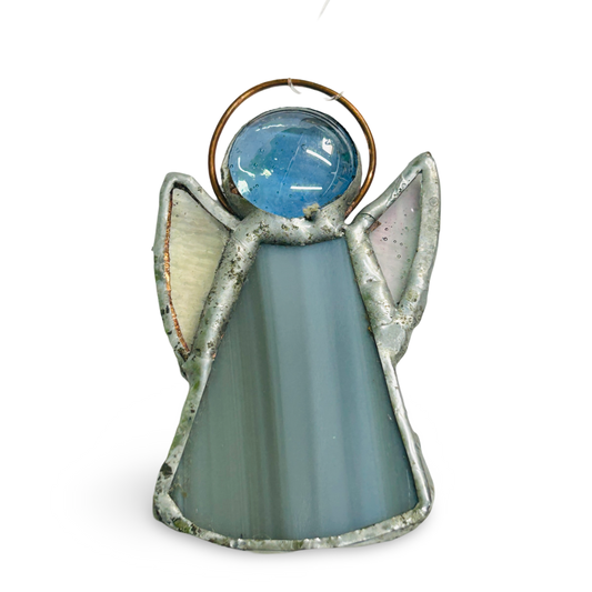 Perc's stained glass guardian angel in grey. Hanging angel decoration hand made in Norfolk.