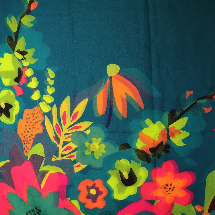 Teal blue recycled scarf with tropical print edge