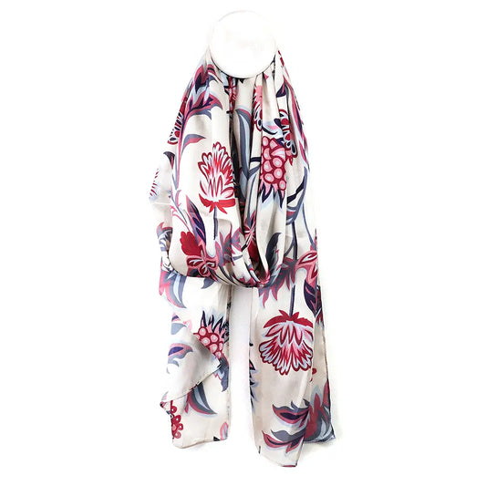 Silky blue and red paisley floral print recycled yarn scarf