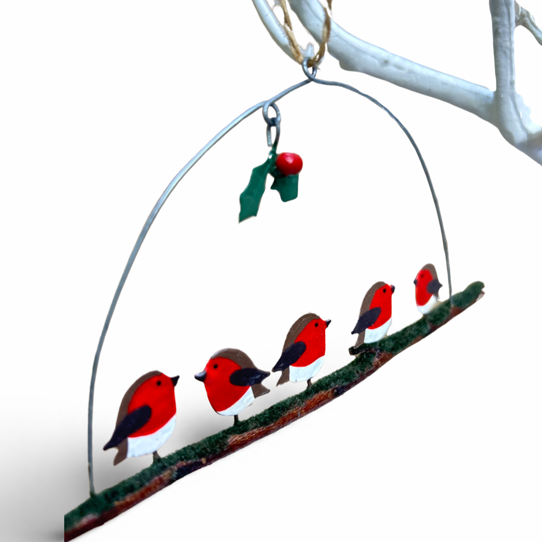 Five robins perched on a twig. Hanging decoration by Shoeless Joe