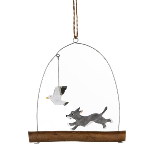 Dog Chasing Seagulls hanging ornament