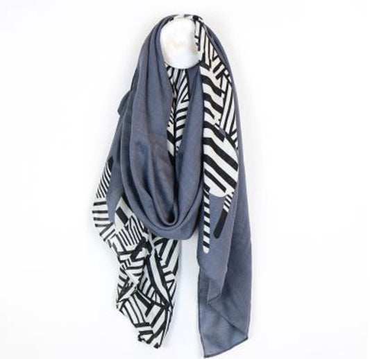 Graphic zebra print scarf with grey border by POM
