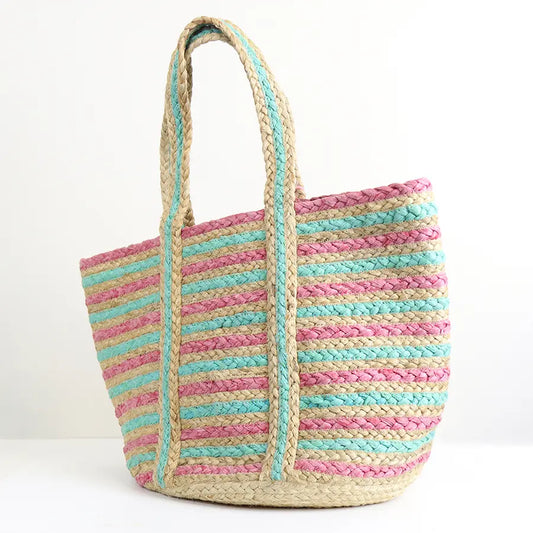 Pink and aqua recycled paper and jute bag