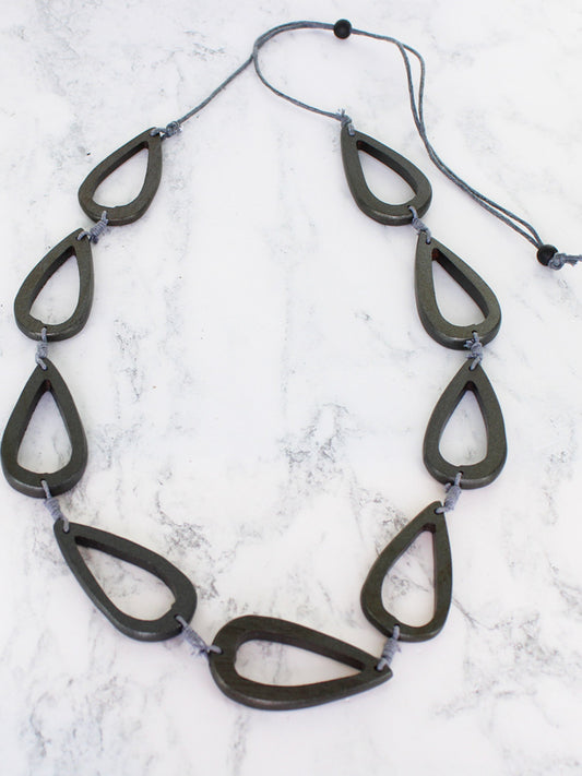 Wooden open tear drop beaded adjustable cord necklace by Suzie Blue