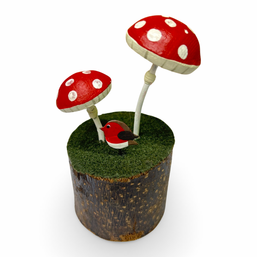 Toad stools on a log with robin standing ornament by shoeless joe