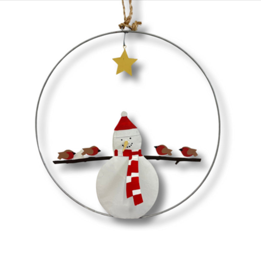 Snowman with robin friends Christmas wreath