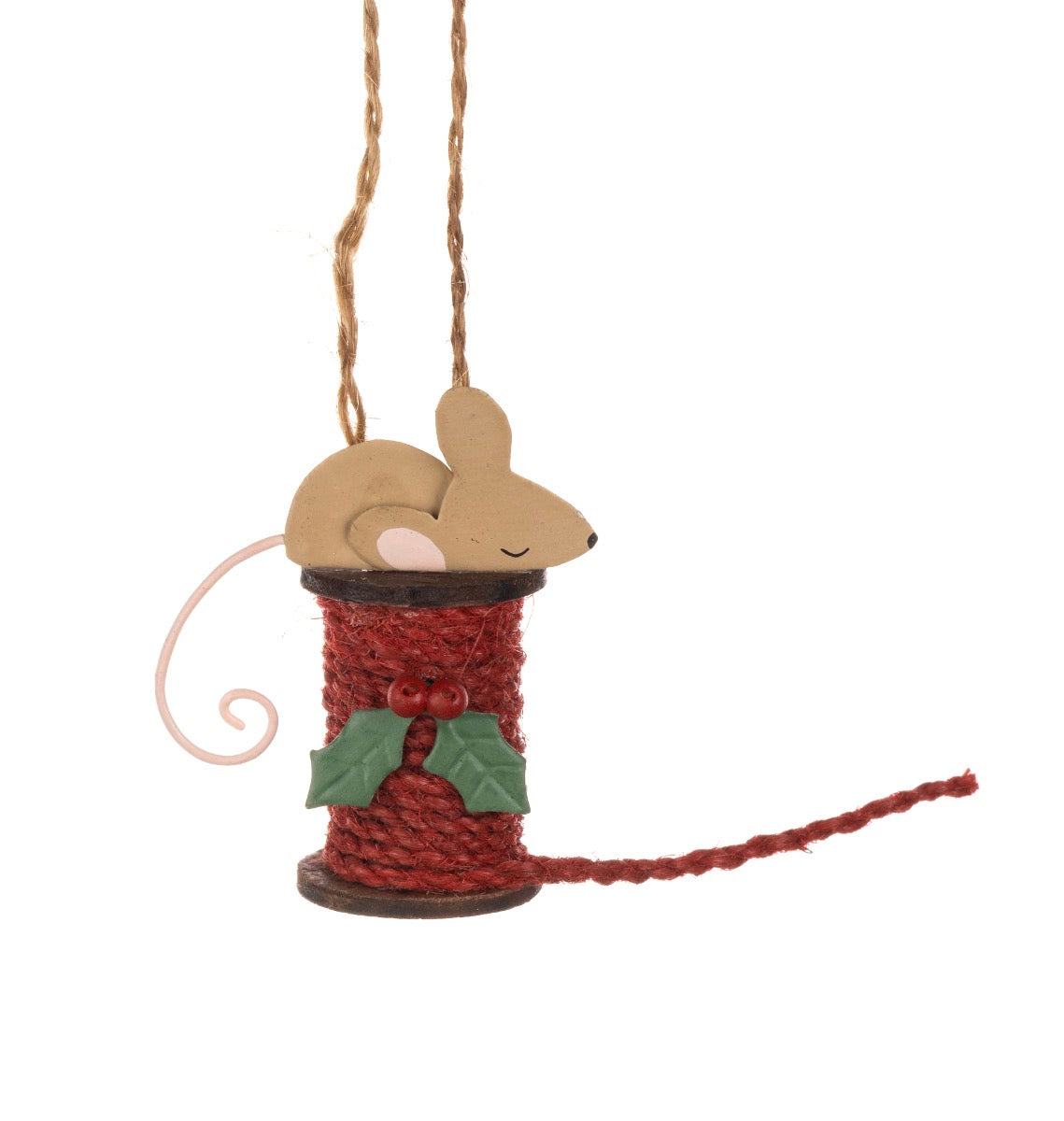 Mouse Asleep on Holly Bobbin Hanging decoration