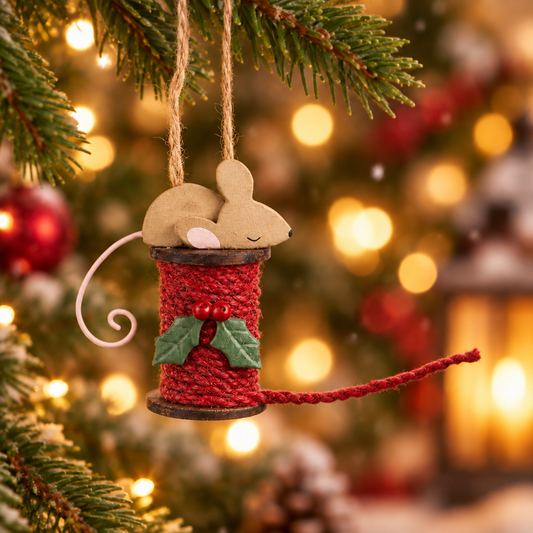 Mouse Asleep on Holly Bobbin Hanging decoration