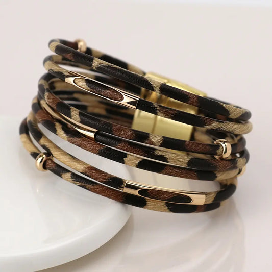 Multistrand classic animal print and crystal bracelet