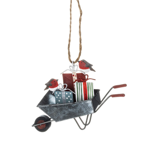 Wheelbarrow of Gifts & robin helpers Christmas tree decoration