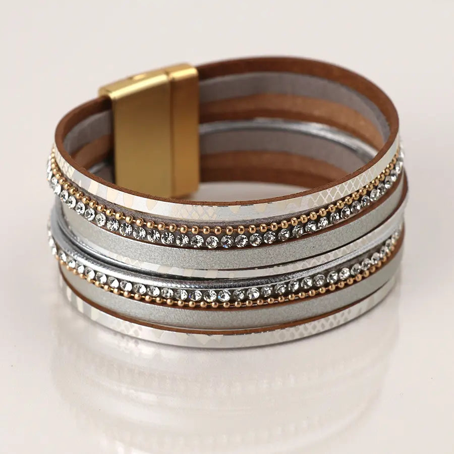 Grey leather, gold and crystal multistrand bracelet