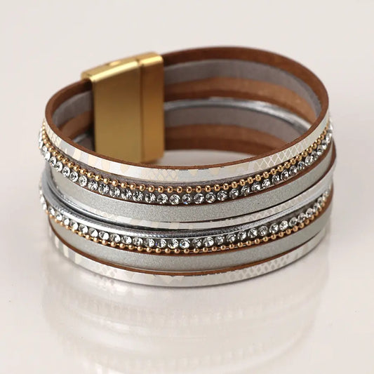 Grey leather, gold and crystal multistrand bracelet
