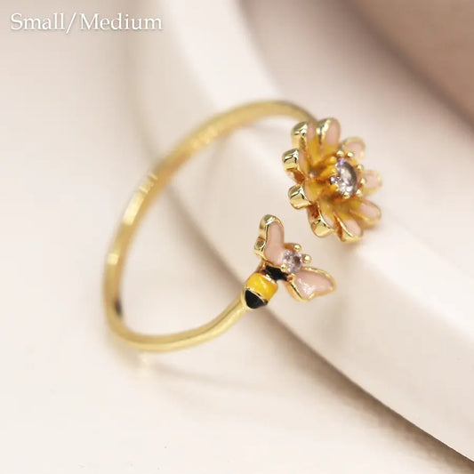 Gold plated open band enamel flower and bee ring s/m