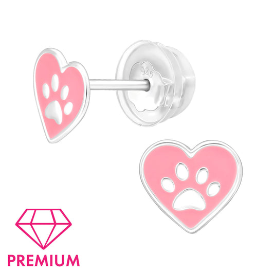 Pink Heart paw print sterling silver stud earrings