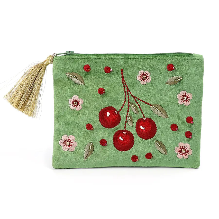 Green velvet cherries zip purse