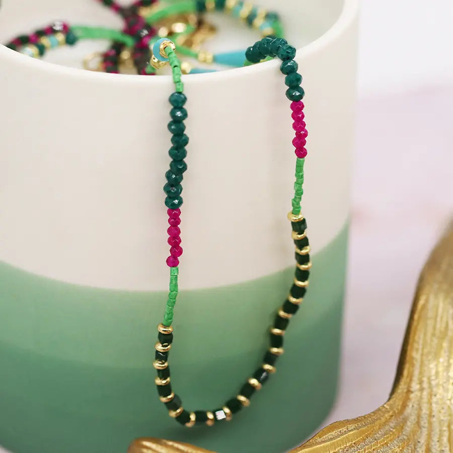Long boho bead necklace in cerise green and gold