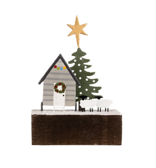 Shepherds hut snowy scene with sheep Shoeless Joe standing ornament