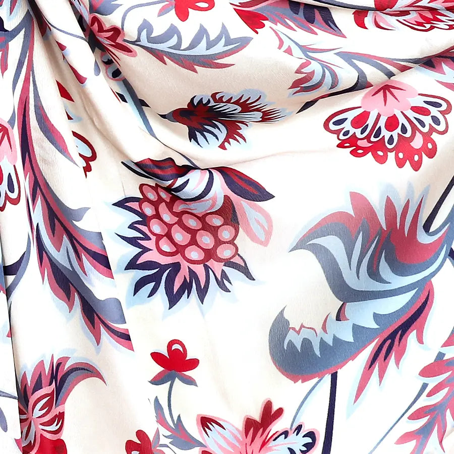 Silky blue and red paisley floral print recycled yarn scarf