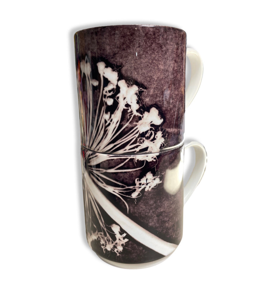 Alliums design White & Charcoal Grey Stacking Mug, Set of 4 by Gillian Arnold
