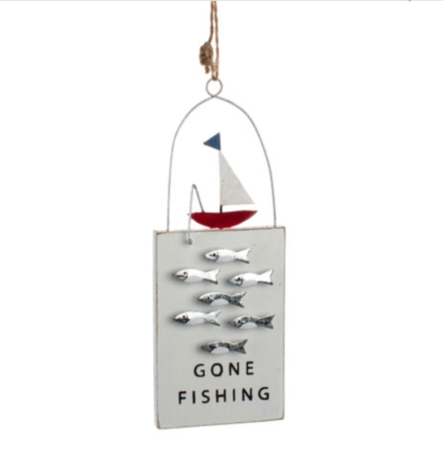 Gone fishing hanging sign by Shoeless Joe.