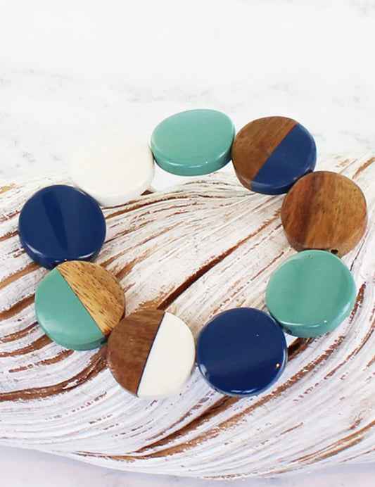 Elasticated wood & resin disc bracelet- dark wood, blue & white