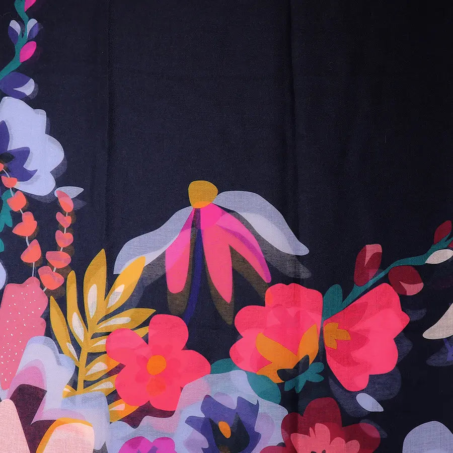 Navy blue recycled scarf with tropical print edge