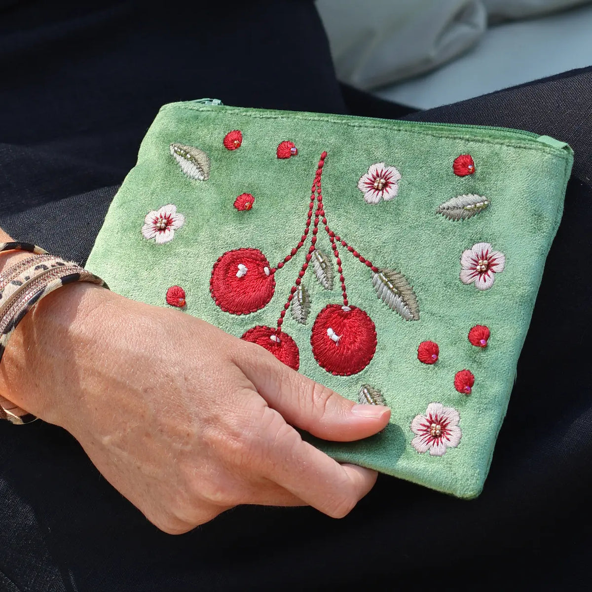 Green velvet cherries zip purse