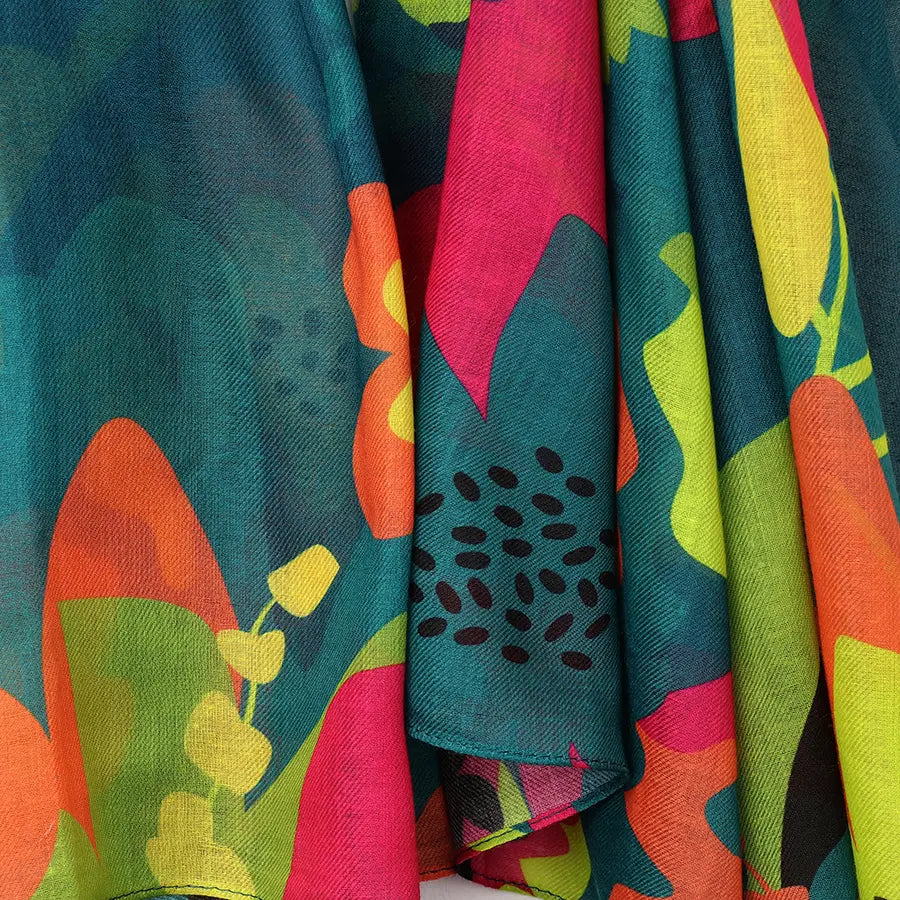 Teal blue recycled scarf with tropical print edge