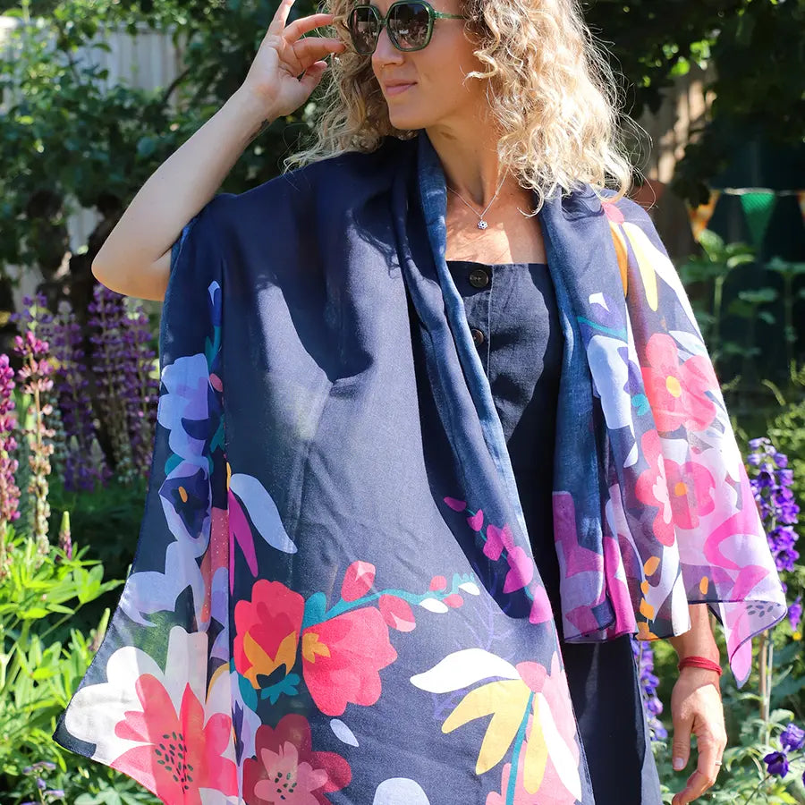 Navy blue recycled scarf with tropical print edge