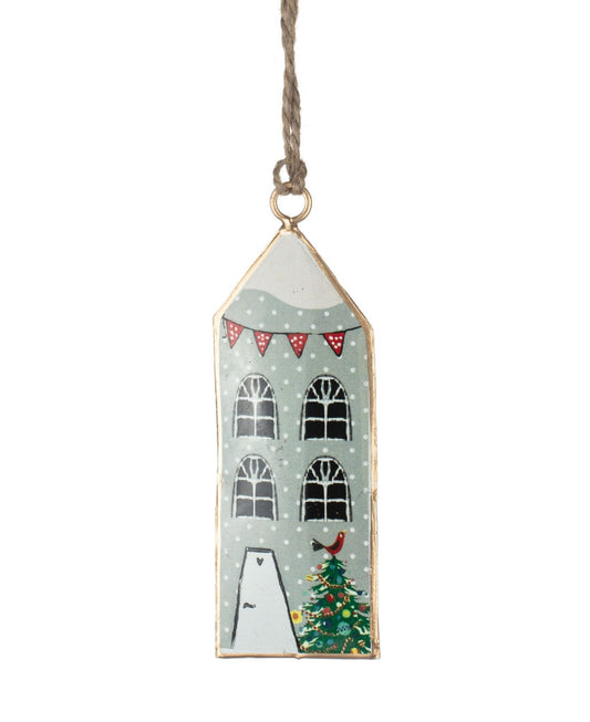 Small green Christmas town house tree decoration