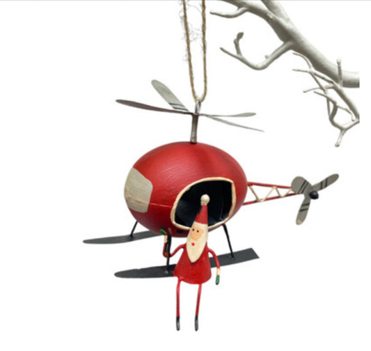 Father Christmas in a helicopter hanging Christmas decoration Shoeless Joe