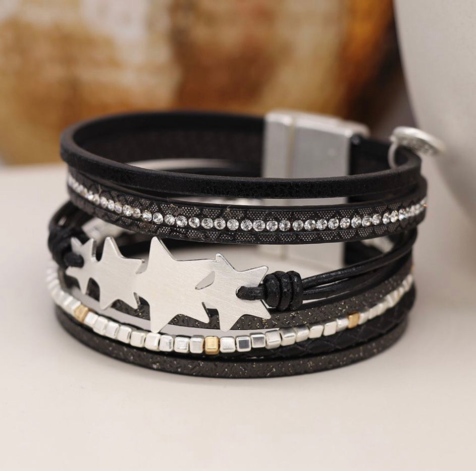 Black leather, scratched stars and crystal multi strand bracelet by POM